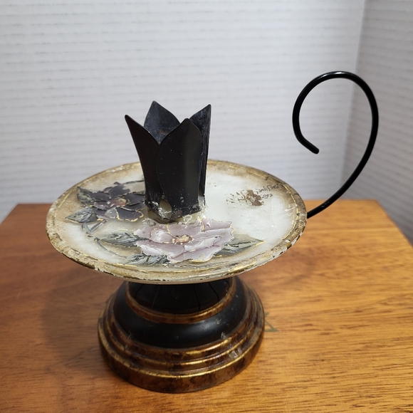 Vintage Pair of Porcelian and Metal Hand Painted Floral Candle Holders - Picture 15 of 17